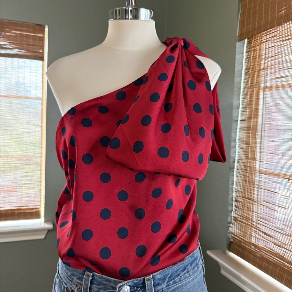 Anthropologie Red and Blue Polka Dot One-Shoulder Blouse